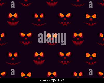 Scary face with glowing eyes seamless pattern. Evil scary eyes carved in a pumpkin. Halloween Jack O Lantern. Design for greeting card, banner and hol Stock Vector