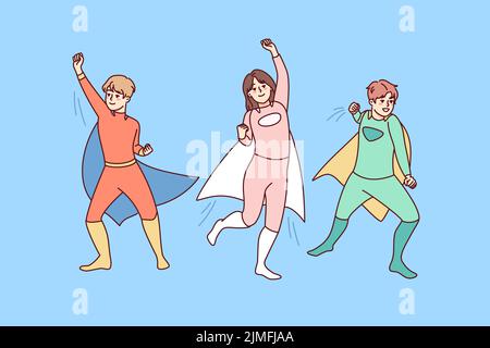 Happy children in superheroes costumer playing together outside. Smiling kids in hero suits enjoy masquerade or carnival. Childhood. Vector illustration.  Stock Vector