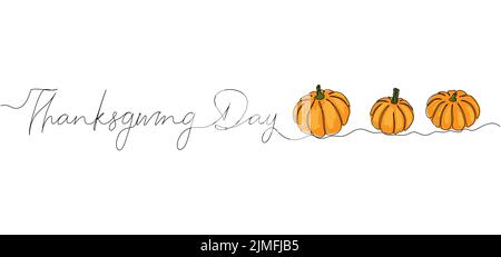 Thanksgiving Day continuous one line drawing background with pumpkins. Vector illustration for design poster, banner, flyer. Stock Vector