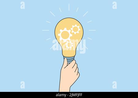 Person holding lightbulb generate creative business idea. Businessperson with light bulb brainstorm solve problem. Solution and innovation. Vector illustration.  Stock Vector