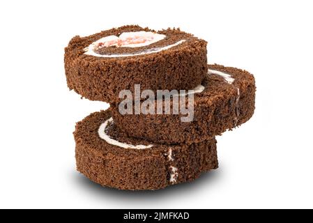 Stack of homemade Mini Black Forest Chocolate Sponge Cake Roll isolated on white background. Stock Photo