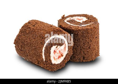 Mini Black Forest Chocolate Cake Roll filled with white cream isolated on white background. Stock Photo