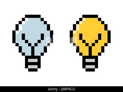 Pixel colored lamps vector isolated on white background. Pixel Light bulbs in pixel style. On and off bulbs. Stock Vector