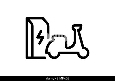 Electric motorbike charging in charger station linear icon. Electrical moped energy charge black symbol. Eco friendly electro motorcycle recharge sign. Vector eps battery powered EV transportation Stock Vector