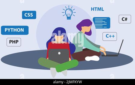 A vector illustration of programmers working on program codes with two screens Stock Vector