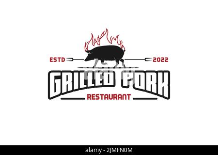 Grilled Pork Restaurant Logo With Burnt Pig Icon And Fork Inspirational Design Stock Vector