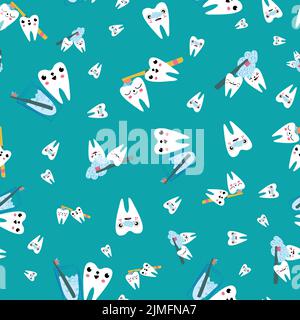 Kawaii tooth kids dental care vector educational seamless pattern background. Cute cartoon characters with toothbrush, tooth paste, brushing teeth Stock Vector