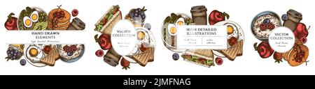 Breakfast hand drawn frame templates. Vintage illustrations of sandwich, pancakes, bowl with avocado, porridge with berries, chia pudding, fried eggs Stock Vector