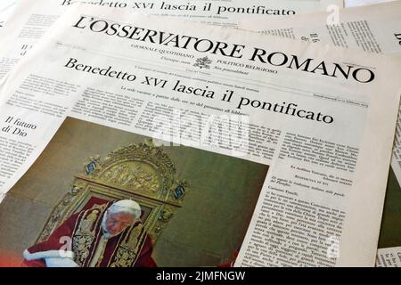 February 11, 2013: Resignation of POPE BENEDICT XVI,  Official Vatican Newspaper L'Osservatore Romano Stock Photo
