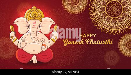 Happy Ganesh Chaturthi horizontal banner. Artistic Hindu Worship Festival graphic. Mandala design Golden Poster Vector illustration. Social media post Stock Vector