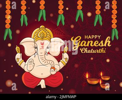 Happy Ganesh Chaturthi poster. Artistic Hindu Worship Festival graphic. Mandala, marigold flower, leaves Banner Vector illustration. Social media post Stock Vector