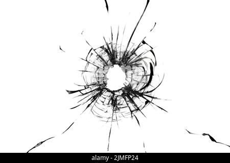 Broken glass, the texture of cracks from a shot through a bullet window. Cracked abstraction on a white background. Stock Photo