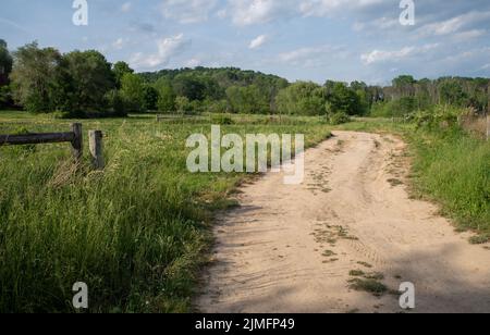 Idyllic tranquil country dirt road winds through lush green meadow Stock Photo