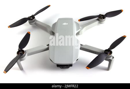 Dji mavic mini 2, the smallest drone launched by DJI. Drone weighing only 249 g. Isolated on white background. Vinnytsia, Ukrain Stock Photo
