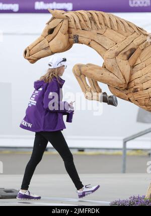 Herning, Denmark. 06th Aug, 2022. Equestrian sport: World Championship, Dressage, Grand Prix. A horse sculpture stands on the event site. Credit: Friso Gentsch/dpa/Alamy Live News Stock Photo