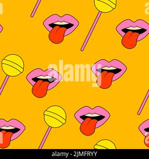 Lollipop Mouth with Tongue Summer Seamless Pattern Retro Groove Style Stock Vector