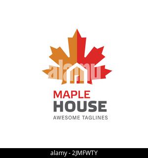 A close-up shot of a red and orange maple leaf real estate logo isolated Stock Vector