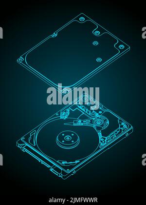 Stylized vector illustration of isometric blueprints of hard disk drive Stock Vector