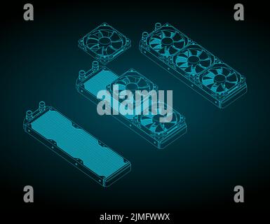 Stylized vector illustrations of isometric blueprints of three-section computer liquid cooling system Stock Vector