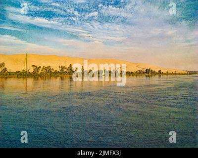 Along the Nile River in Egypt, with blue water, blue sky, and the bright white sail of a small boat. With a thin strip of greenery and dunes behind th Stock Photo