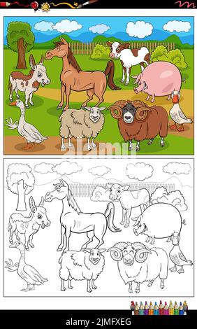 Funny cartoon farm animals group coloring book page Stock Photo