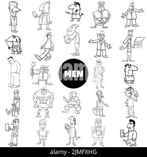 Black and white funny cartoon men characters big collection Stock Photo