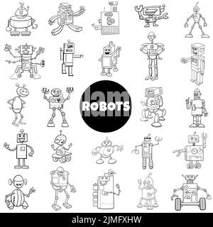 Black and white cartoon robots and androids characters big set Stock Photo