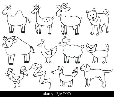 Doodle simple animals set. Black line contour cute forest and home dwellers. Collection of isolated childrens characters coloring book. Vector flat Stock Vector