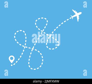 Airplane dotted route line way. Flying with a dashed line from the starting point and along the path Stock Vector
