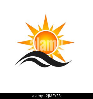 Sun and sea logo, wave icon. Hot yellow sun. Summer landscape, vector illustration Stock Vector