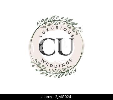 CU Initials letter Wedding monogram logos template, hand drawn modern minimalistic and floral templates for Invitation cards, Save the Date, elegant Stock Vector