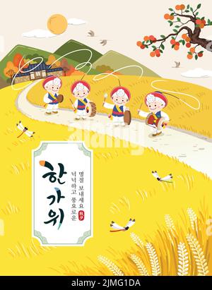 Korean Thanksgiving Day event design. People performing traditional folk dance Samulnori or Pungmul in autumn rural harvest season. Stock Vector