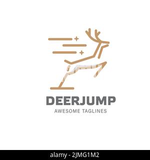 A vector design logo of a simple deer jump linear on white background with a tagline Stock Vector