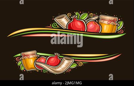 Vector border for Rosh Hashanah with copy space for congratulation text, decorative invitation with illustration of pomegranate, farm honey jar, fresh Stock Vector
