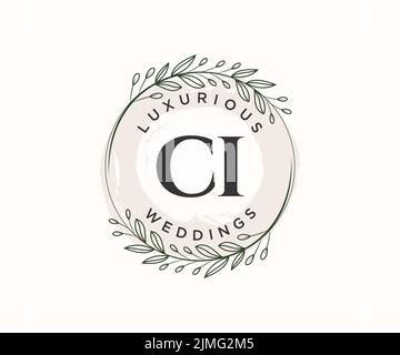 CI Initials letter Wedding monogram logos template, hand drawn modern minimalistic and floral templates for Invitation cards, Save the Date, elegant Stock Vector
