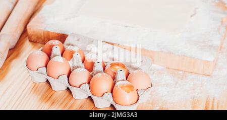 chicken eggs flour baking pastry dough ingredients Stock Photo
