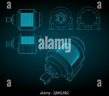 Stylized vector illustrations of blueprints of large hydraulic winch Stock Vector