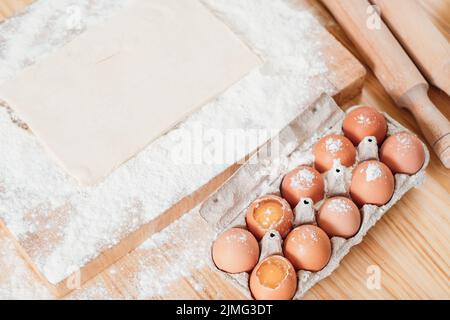 chicken eggs flour baking pastry dough ingredients Stock Photo