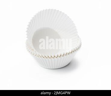White paper corrugated cupcake baking dish on a white background Stock Photo