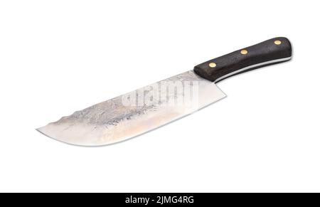 Large meat and fish knife with wooden handle isolated on white background Stock Photo