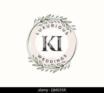 KI Initials letter Wedding monogram logos template, hand drawn modern minimalistic and floral templates for Invitation cards, Save the Date, elegant Stock Vector