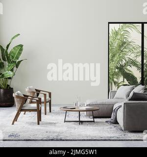 Modern living room interior with beige wall, gray and wooden furniture and tropical plants with palm leaves, 3d rendering Stock Photo