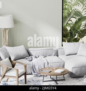 Luxury living room interior with gray sofa with tropical background in window, 3d rendering Stock Photo