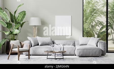 Blank canvas mock up in modern living room interior with gray sofa, wooden furniture and palm tropical leaves, 3d rendering Stock Photo