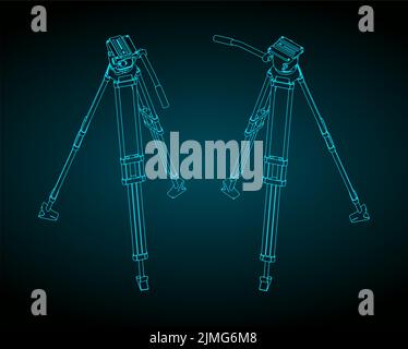 Stylized vector illustrations of isometric blueprints of camera tripod Stock Vector