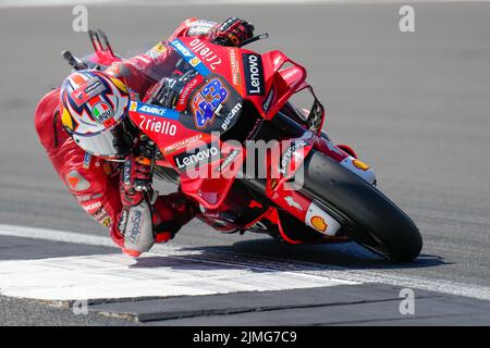 Towcester, UK. 06th Aug, 2022. Jack MILLER (Australia) of the Ducati Lenova Team during the 2022 Monster Energy Grand Prix MotoGP Free Practice 4 session at Silverstone Circuit, Towcester, England on the 6th August 2022. Photo by David Horn. Credit: PRiME Media Images/Alamy Live News Stock Photo