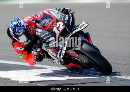 Towcester, UK. 06th Aug, 2022. Maverick VINALES (Spain) of the Aprilia Racing Team during the 2022 Monster Energy Grand Prix MotoGP Free Practice 4 session at Silverstone Circuit, Towcester, England on the 6th August 2022. Photo by David Horn. Credit: PRiME Media Images/Alamy Live News Stock Photo