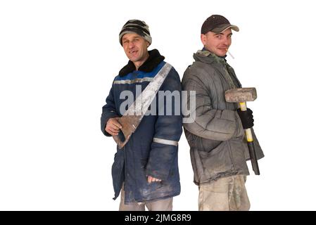 Two bad unskilled builder workers Stock Photo