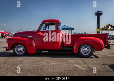 Lebanon, TN - May 13, 2022: Wide angle low perspective side view of a 1952 Chevrolet 3100 Pickup Truck at a local car show. Stock Photo