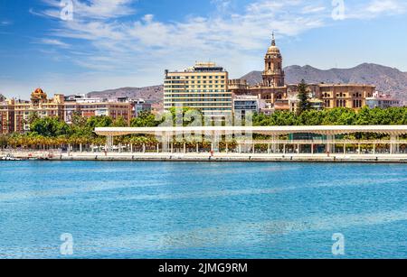 View on the harbor, the Cathedral of Malaga Stock Photo